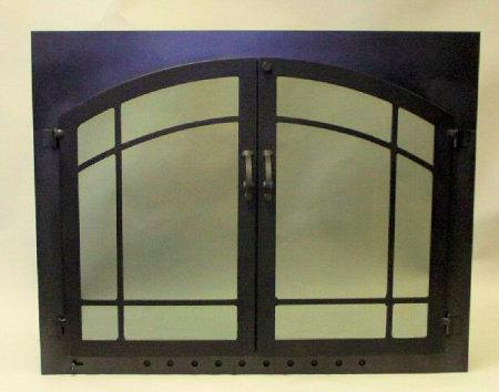 Hingham square to arch window pane (Arch top window- pane bar)  all black finish, twin doors, smoked glass comes with slide mesh. shown without mesh.